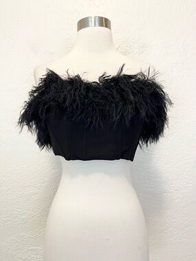 Showpo Crop Top Faux Feather Black Corset 6